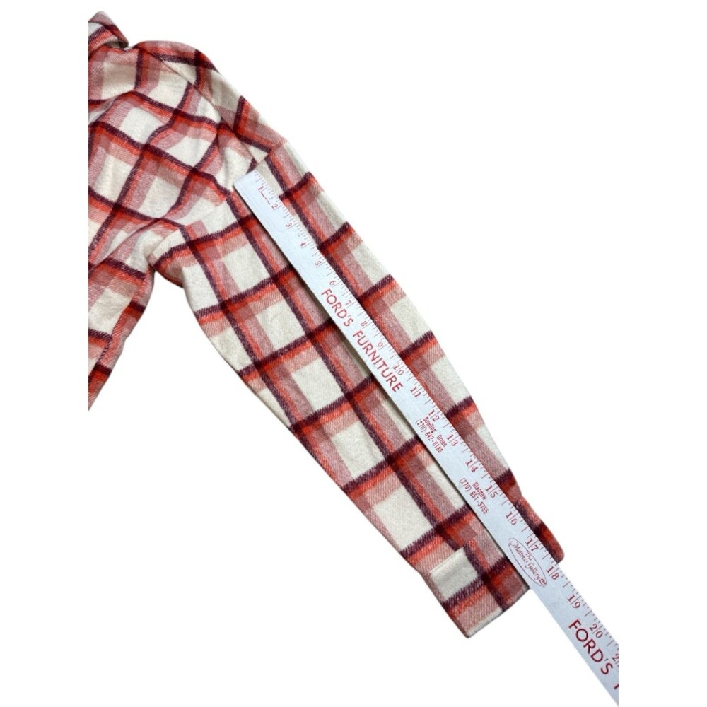 Cream Burgundy Plaid Shacket Flannel Button Front Long Sleeve Medium Streetwear - Picture 7 of 9